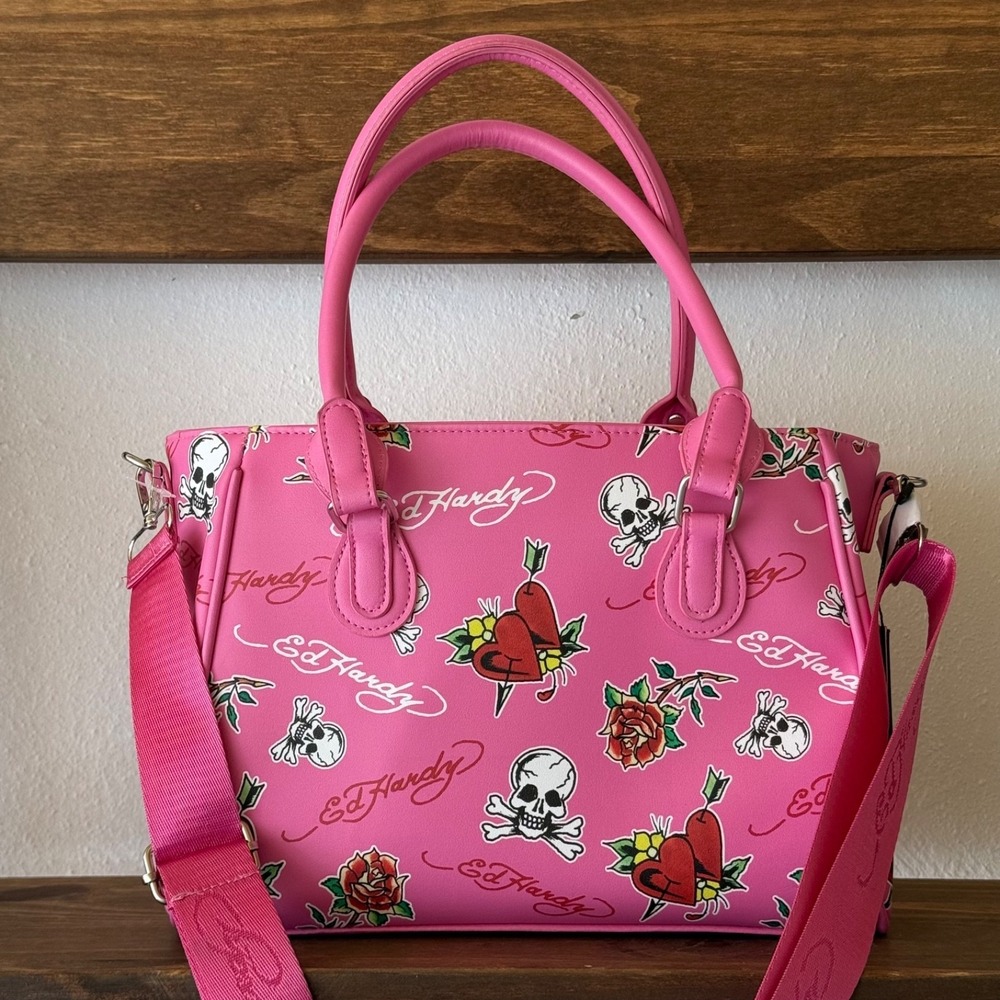 Ed Hardy Pink Skull Heart Thermal Lunch Tote Bag Rhinestone Y2K NWT Insulated - Picture 2 of 16